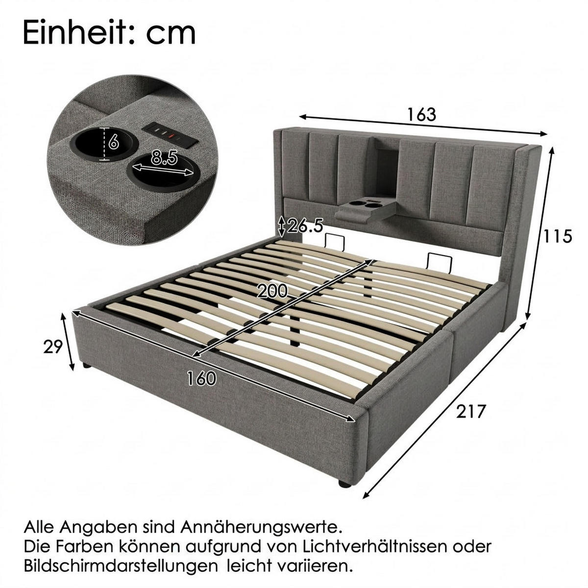 POLSTERBETT 160/200 cm Grau mit verstecktem Becherhalter und Ladestation (Ohne Matratze) - Grau, Textil (160/200cm) - Oxeza