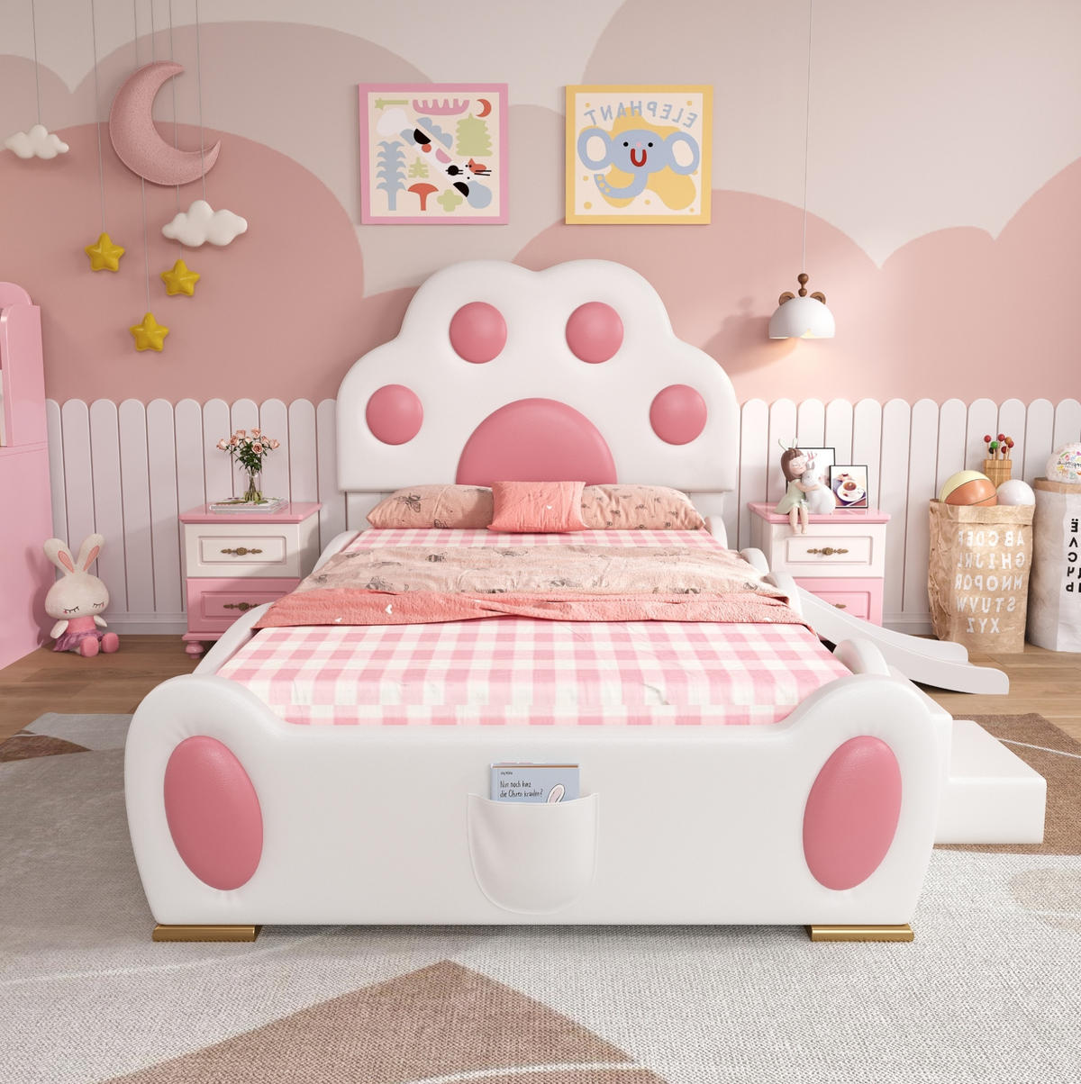 KINDERBETT aus PU 90x200 cm Weiß/Rosa mit Rutsche, zweistufiger Leiter und Katzenpfoten-Kopfteil - Weiß, Kunststoff (90/200cm) - Modfu