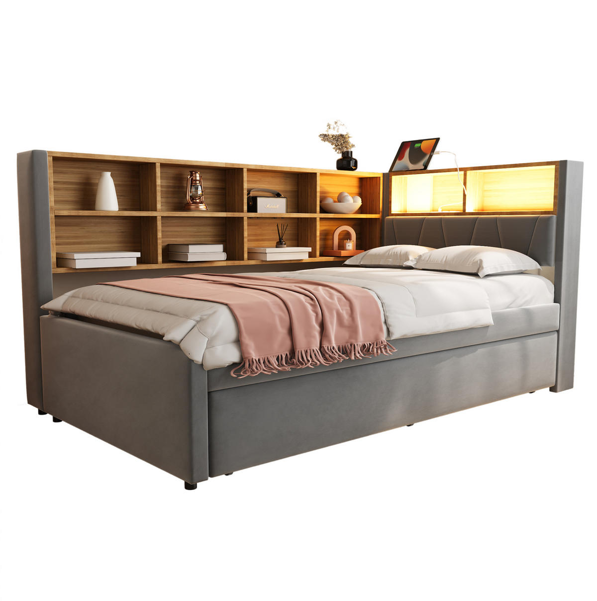 POLSTERBETT mit LED-Beleuchtung 90/200 cm mit Ausziehbett und Stauraum - Dunkelgrau, Textil (90/200cm) - BEAOK