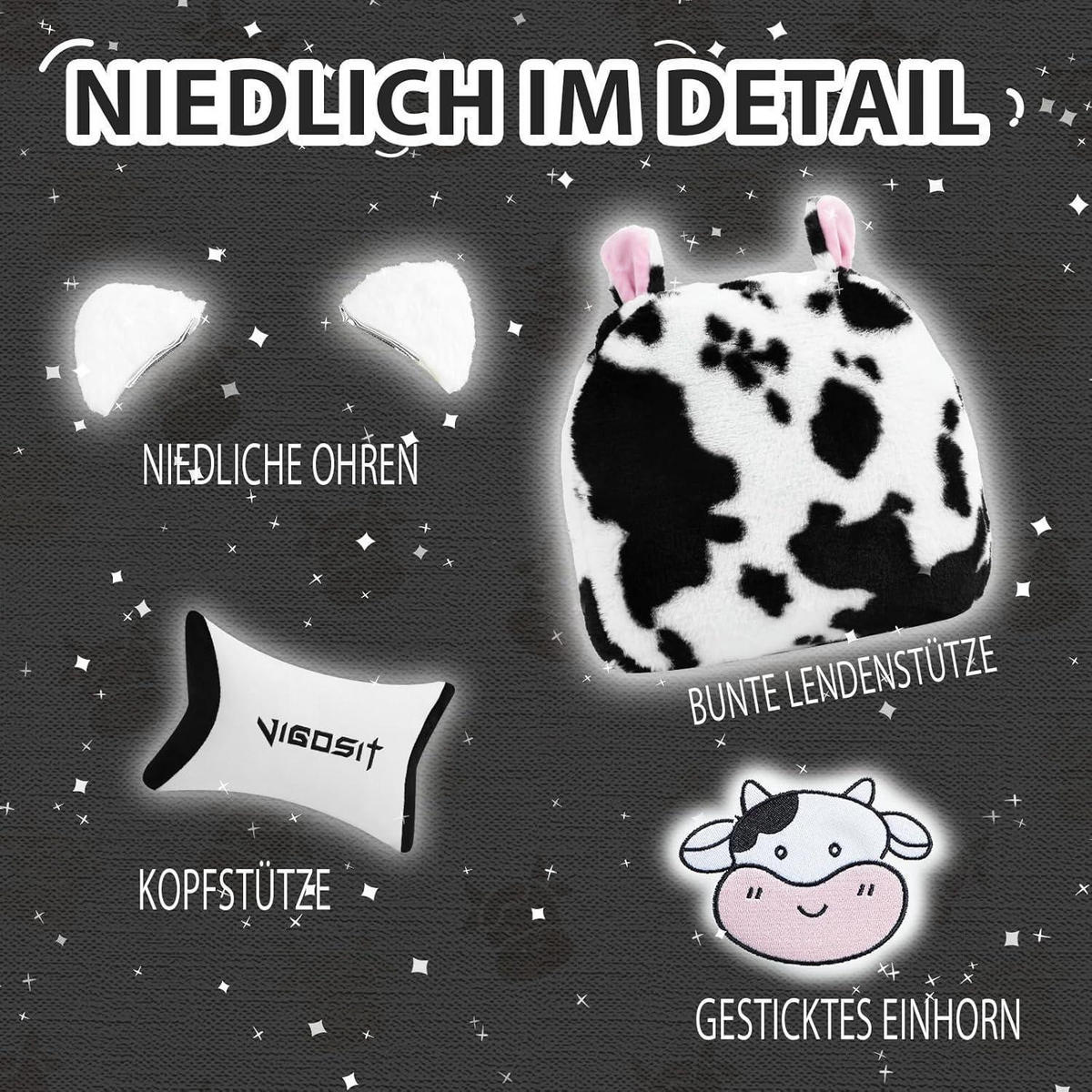 GAMING Stuhl mit Ohren und Kawaii Kissen, Ergonomisch, mit Lendenwirbelstütze und Fußstütze, Schwarzweiß - Multicolor, Kunststoff (59/77/25cm)