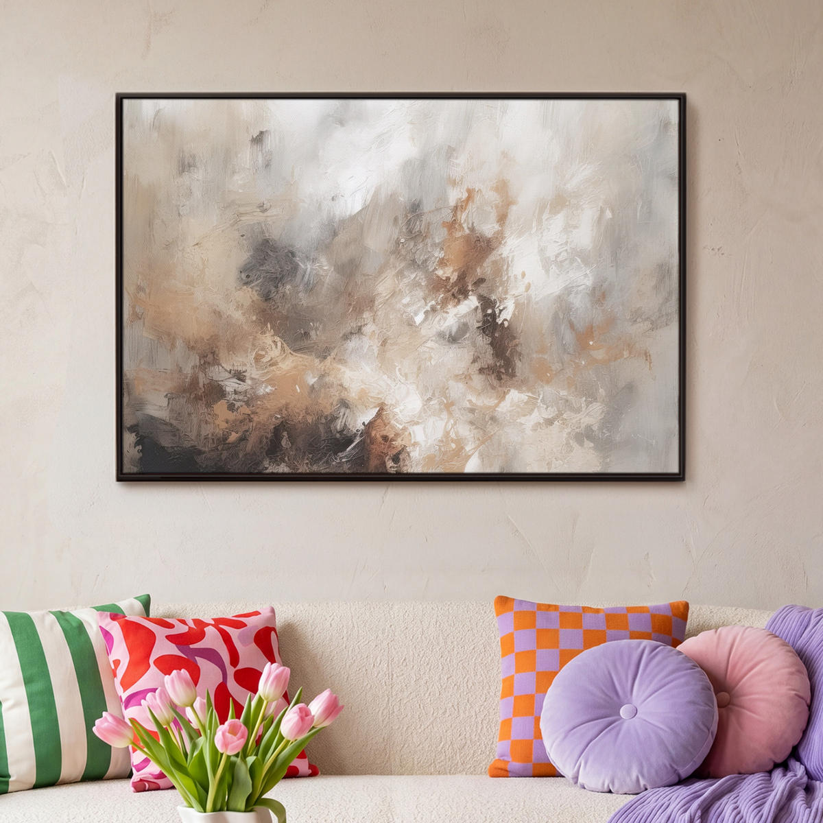 LEINWAND Bilder mit Rahmen - Farbe - Abstrakt - Beige - Kunst - 90x60 - Greige, Textil (90/60cm) - MuchoWow
