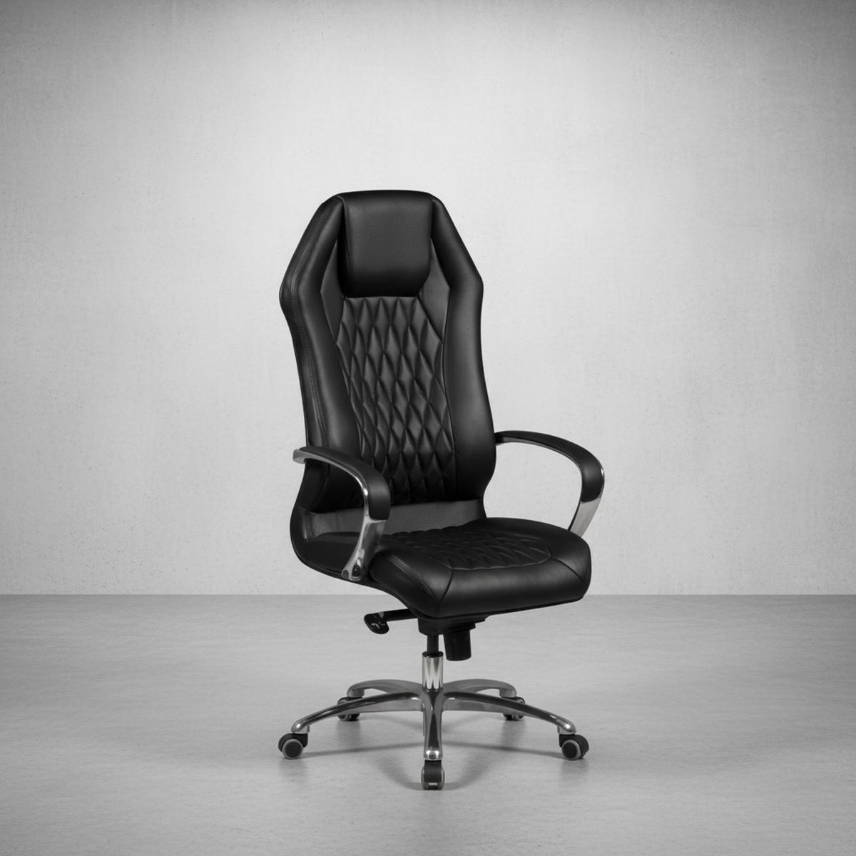 CHEFSESSEL Echtleder mit Multiblockwippmechanik, Lendenwirbelstütze und Aluminiumfußkreuz MILANO, Schwarz 70x67x136 cm - Silberfarben/Schwarz, Leder/Metall (70/136/67cm) - KADIMA DESIGN