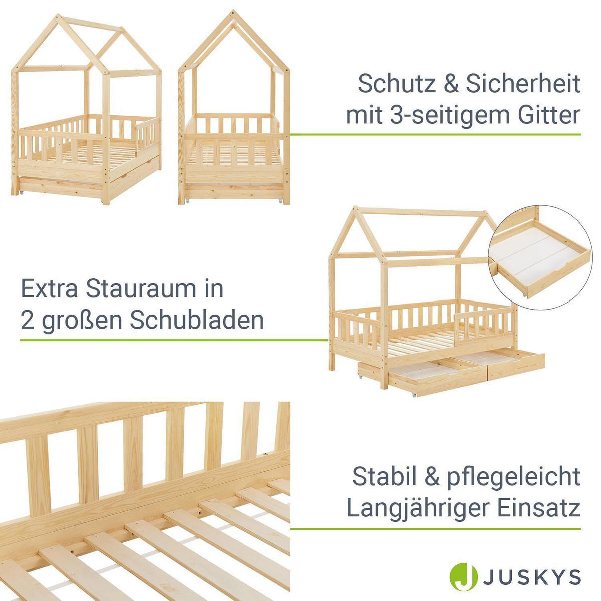 KINDERBETT Marli mit Matratze und Bettkasten natur 90x200 cm - Naturfarben, Holz (90/200cm) - Juskys