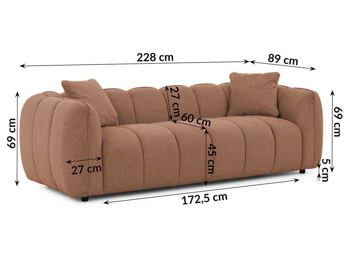 3-SITZER SOFA Nubira in tief gesteppter Bubble-Optik aus weichem Terrakotta Strukturstoff im modernen Design - Terracotta/Schwarz, Holz/Kunststoff (228/69/89cm) - S-Style Möbel