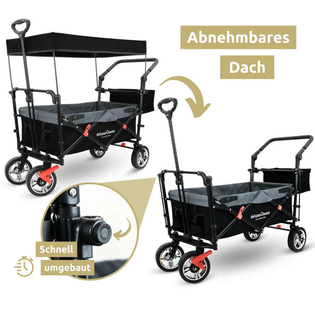 BOLLERWAGEN faltbar mit Dach REGGI Schwarz - Schwarz, Metall (128/112/56cm) - DELUKE
