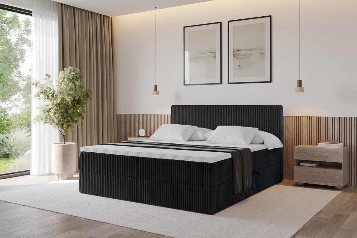 BOXBETT mit Matratze H4 und Lattenrost - TOLO - 200x200 Cord - Schwarz - Schwarz, Holzwerkstoff/Kunststoff (200/200cm) - ALTDECOR