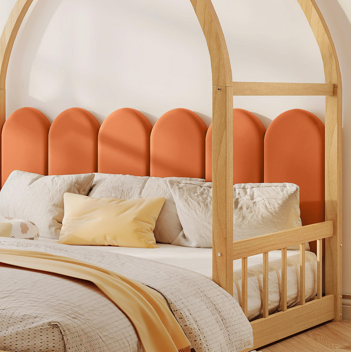 KINDERBETT 140/200 cm mit Ausziehfunktion, Dachrahmen, Kiefernholz und Matratze, Natur/Orange - Naturfarben, Holzwerkstoff (140/200cm) - Redom