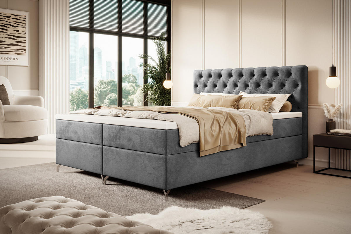 BOXBETT CHESTER 180x200, mit Matratze H3 und Topper, Monolith 92 - Grau, Holz/Textil (180/200cm) - Bedante