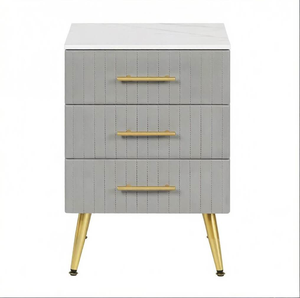 OKWISH NOČNÍ stolek 40,5/41/62 cm šedý z MDF, kovu, masivu a sametu se 3 zásuvkami