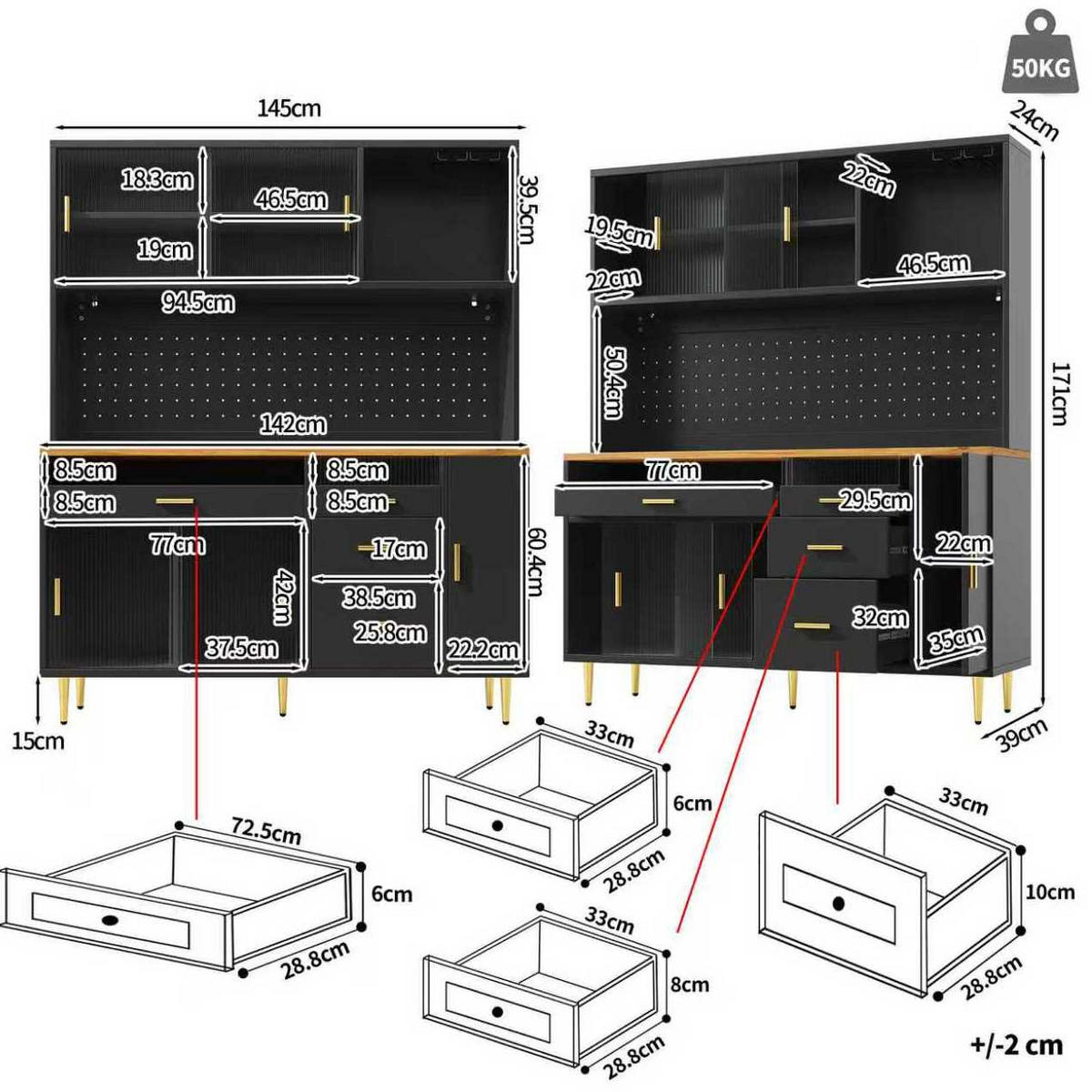 BUFFET 145/39/171 cm aus MDF und Glas mit LED-Beleuchtung und Glasschiebetüren Schwarz - Schwarz, Holzwerkstoff (145/171/24cm) - Modenvie