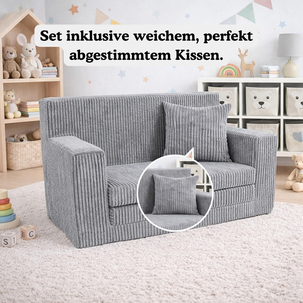 KINDERSOFA aus Kuschel-Cord in Hellgrau - Hellgrau, Textil (83/47/43cm) - Fortisline