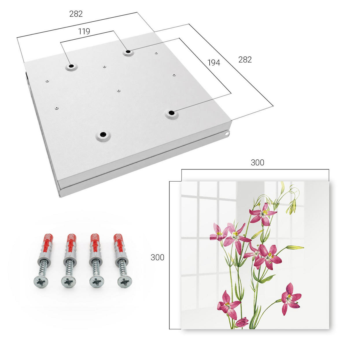 SCHLÜSSELBOX Weiß 30x30 cm – Türöffnung nach rechts - Rosa Blüten - Pink, Metall (30/30/5cm) - TULUP