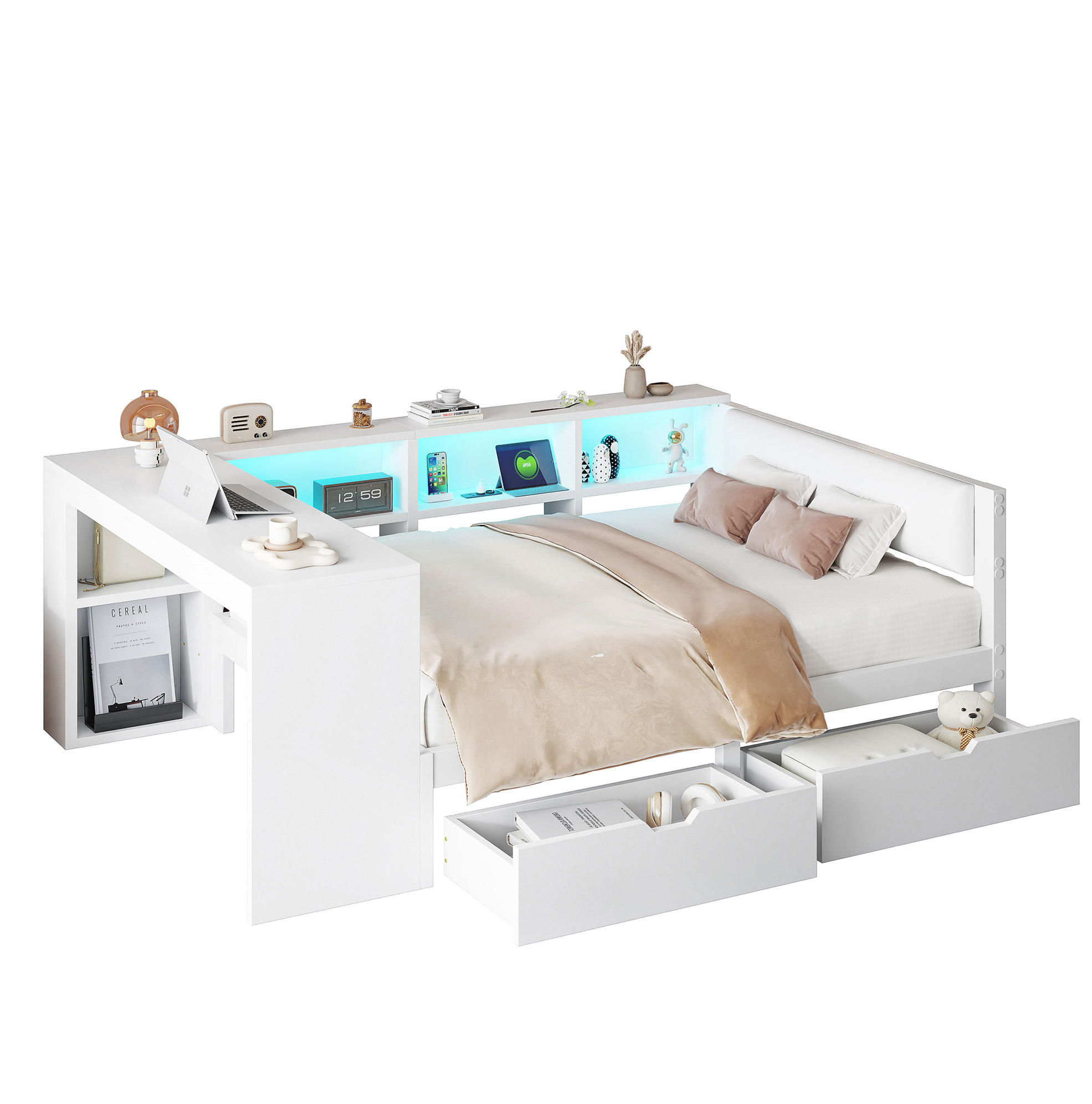 BETT 140/200 cm in Weiß mit gepolstertem Kopfteil, Schubladen und LED - Weiß, Holzwerkstoff (140/200cm) - BEAOK