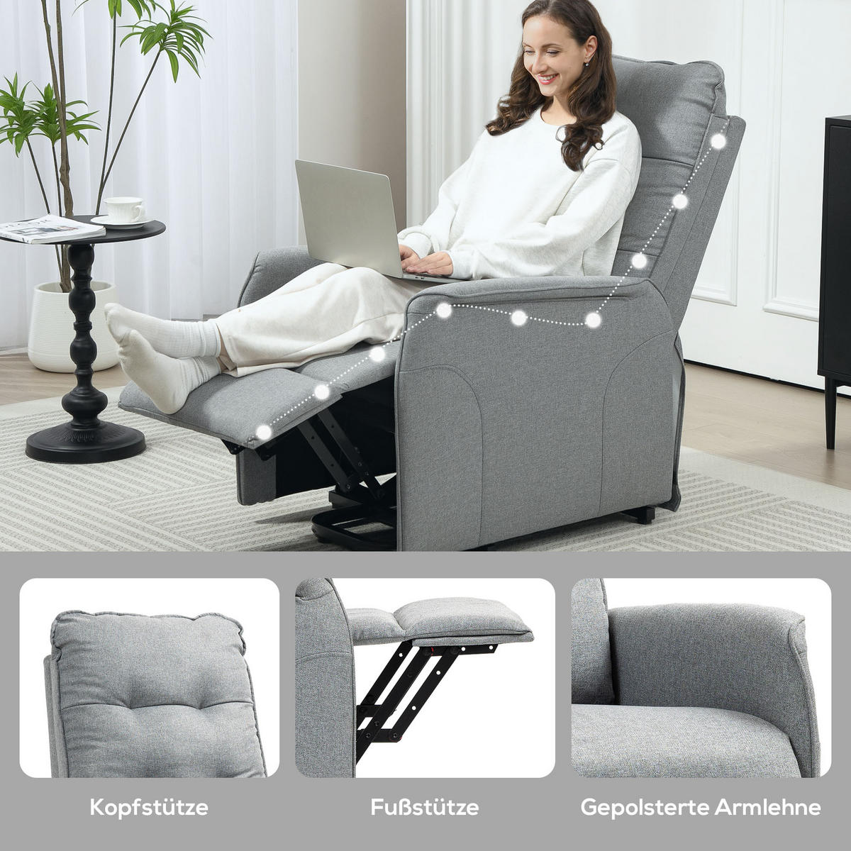 FERNSEHSESSEL mit Aufstehhilfe, Relaxsessel mit Liegefunktion, Taschenfeder - Grau, Metall (68/104/88cm) - HOMCOM