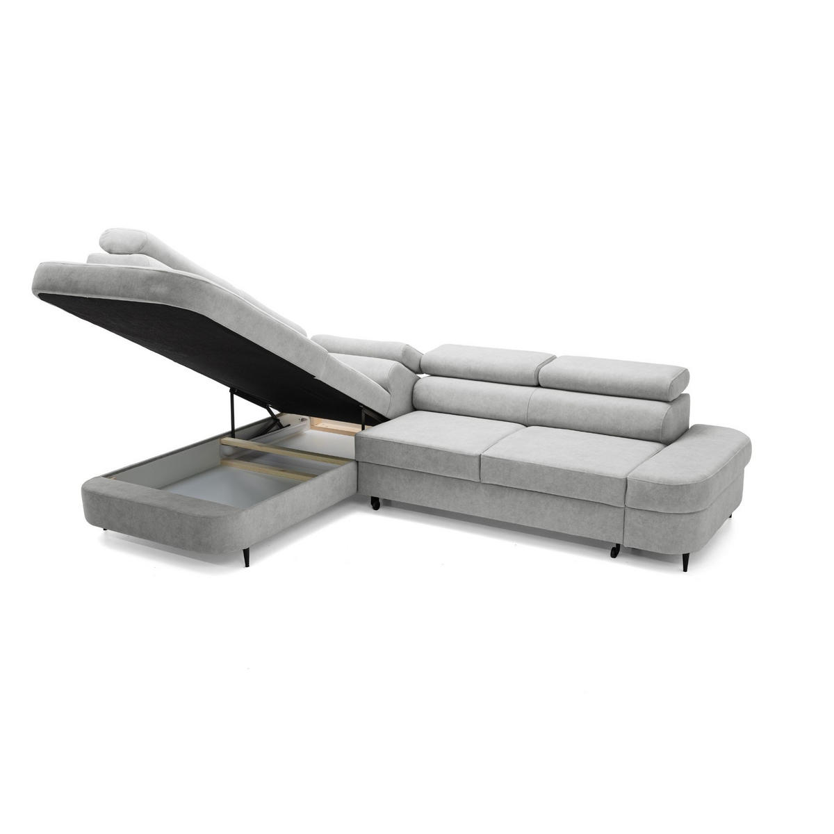 ECKSOFA PRIAM L Links mit Schlaffunktion 125x195 Velours Hellgrau - Hellgrau/Schwarz, Holz/Textil (203/275cm) - Muffo