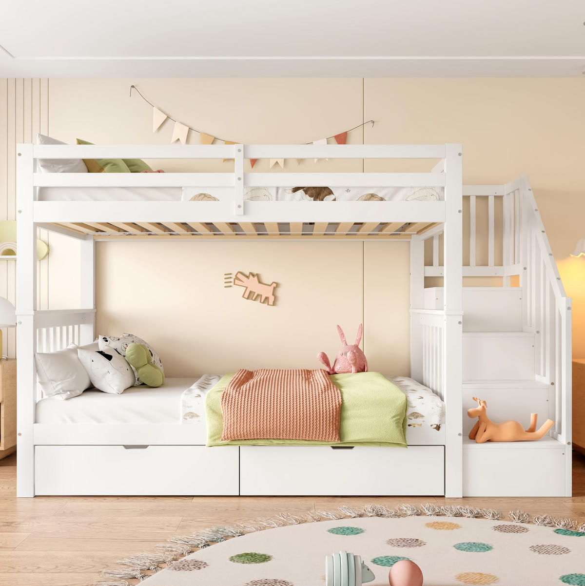 ETAGENBETT 90/200 cm mit Treppenregal, 2 Schubladen und hohem Geländer aus Kiefernholz und MDF, Weiß - Weiß, Holz (90/200cm) - Redom