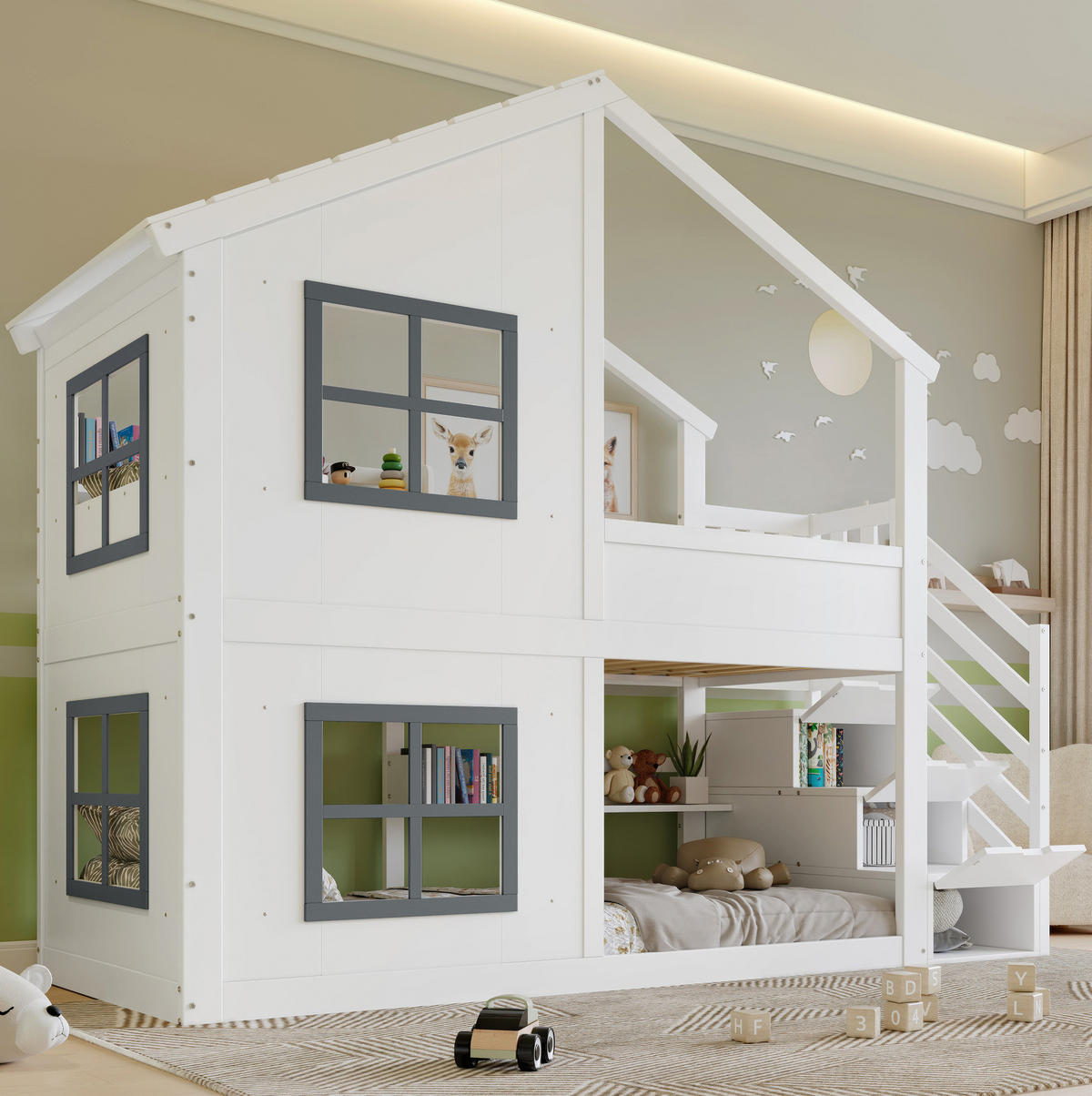 ETAGENBETT 90/200 cm mit Treppenregal, Fenstern und Dach, Kiefer/MDF, Weiß/Grau - Weiß, Holz (90/200cm) - Redom