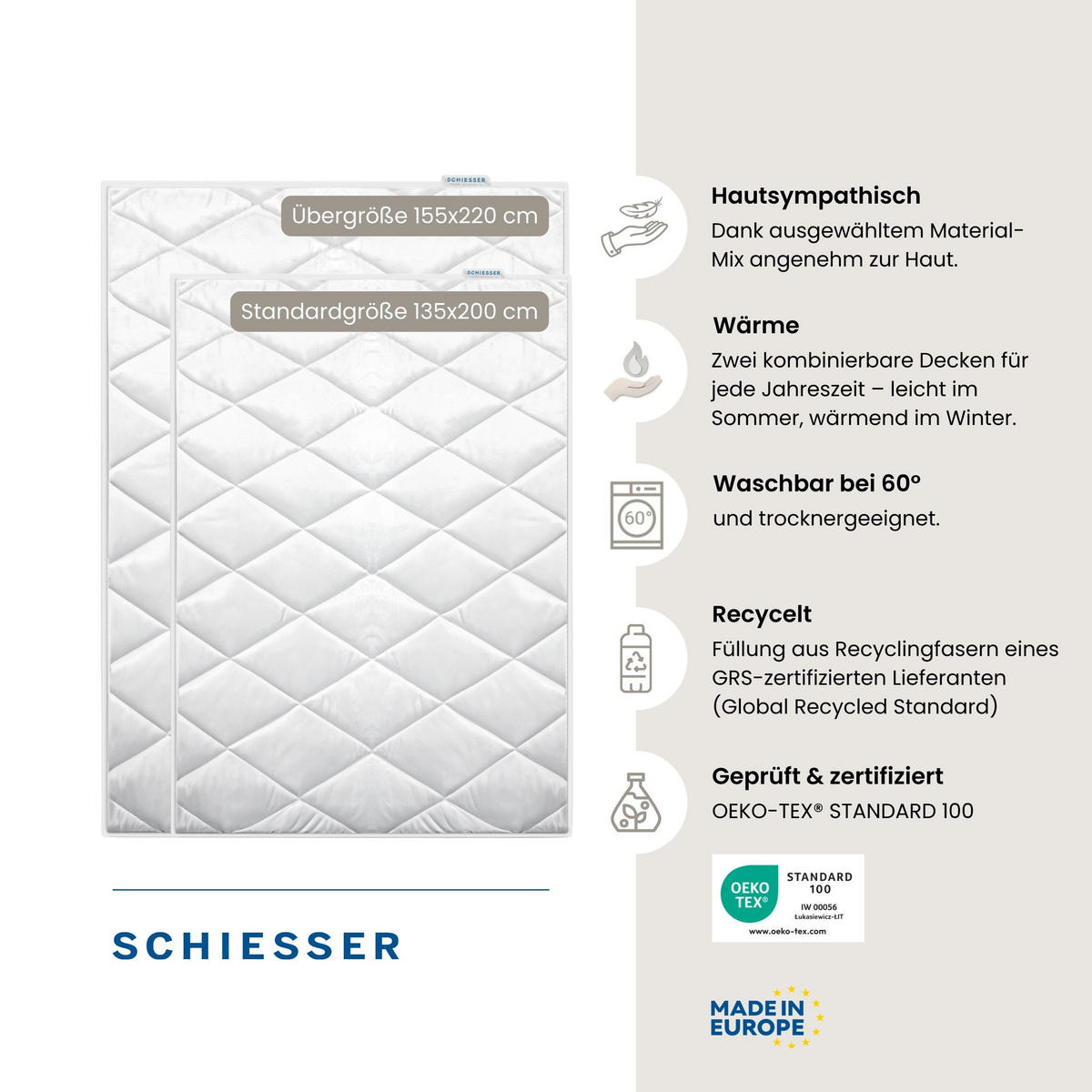 BETTDECKENSET 4-Jahreszeiten Lykke - 2-teilig - 135 x 200 cm - Weiß - Weiß, Textil (135/200cm) - SCHIESSER