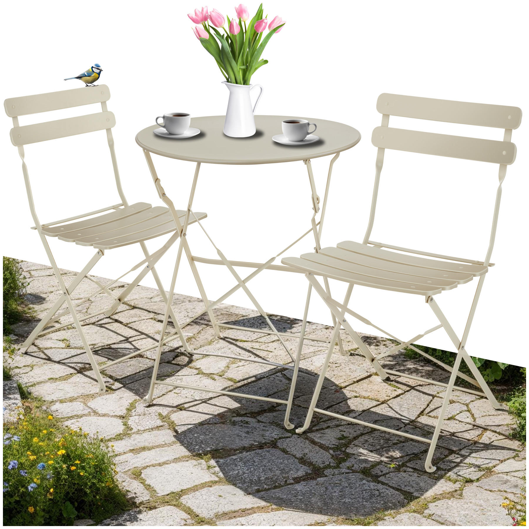 BISTROTISCH SET Frieda,Belastbarkeit Stuhl 120 kg,creme - Creme, Naturmaterialien/Textil - tectake