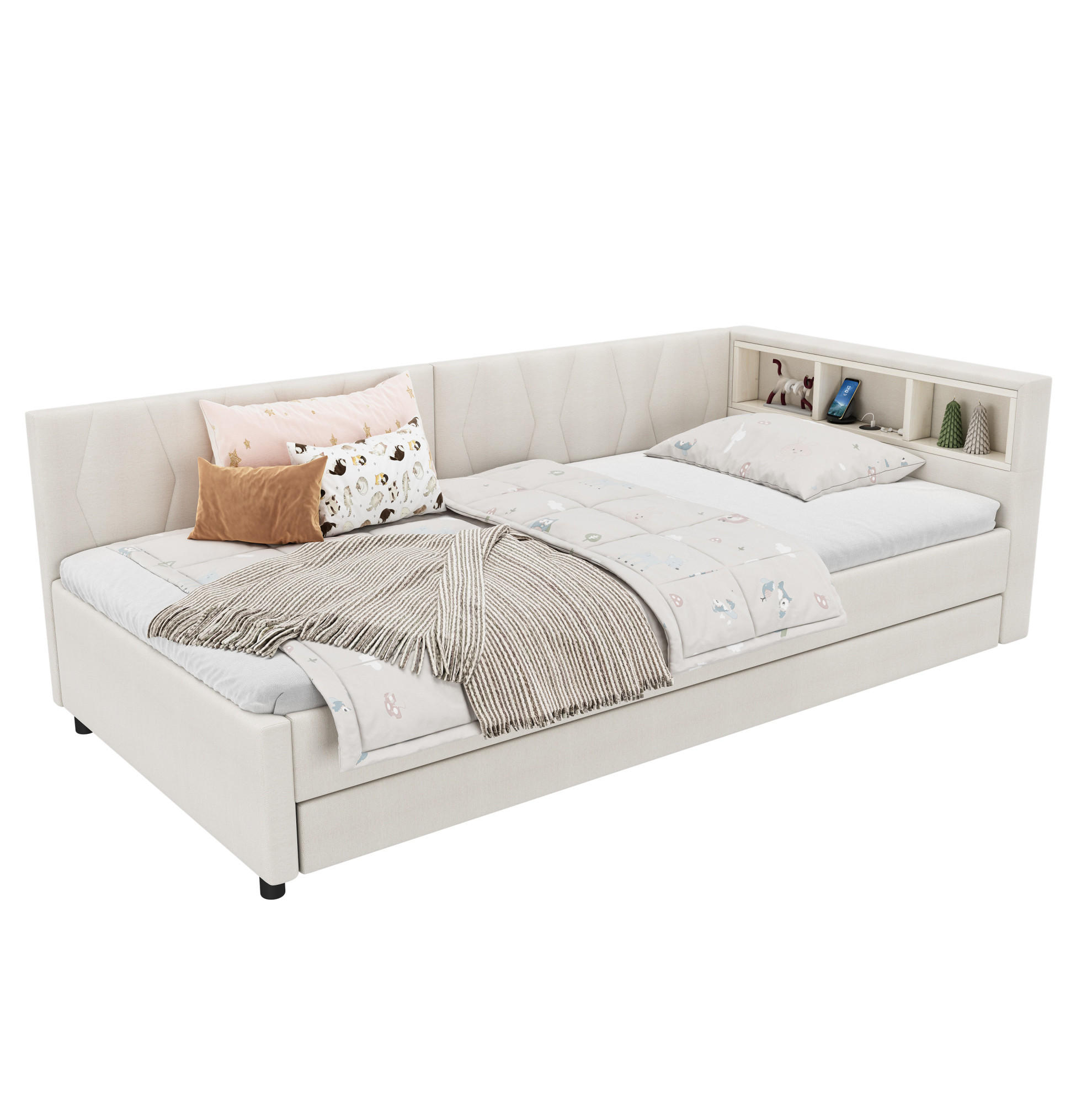 POLSTERBETT 90/200 cm Beige mit LED-Beleuchtung und USB- und Type-C-Anschlüssen - Beige, Textil (90/200cm) - Flora Grace