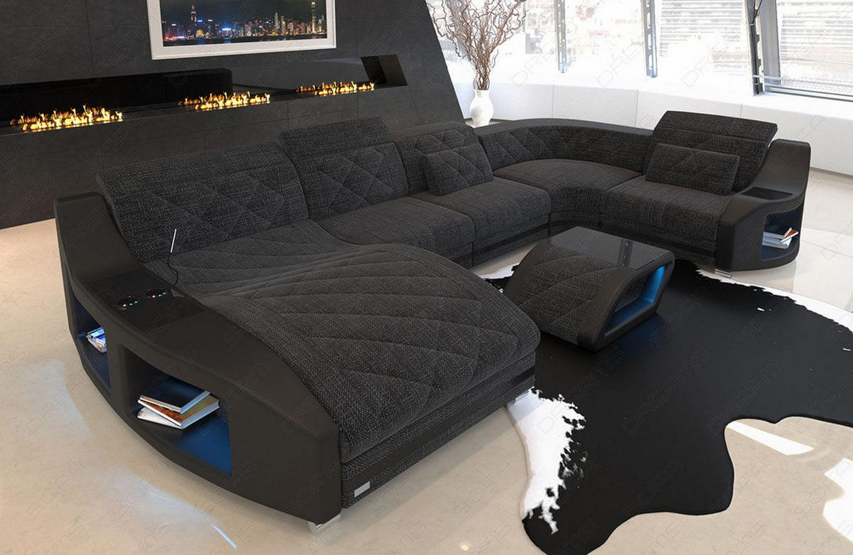 WOHNLANDSCHAFT Stoff Sofa Swing U Form Schwarzgrau Schwarz Strukturstoff - Schwarz, Kunststoff (404/90/220cm)