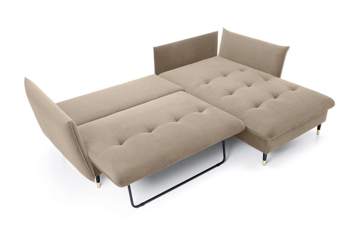 ECKSOFA GLAM mit Schlaffunktion, Ottomane & goldenen Füßen – Samtsofa im Glamour-Stil mit Zierkissen, 258x167x91 cm, rechte, beige​ - Beige, Holz/Textil (258/167cm) - DomoHome