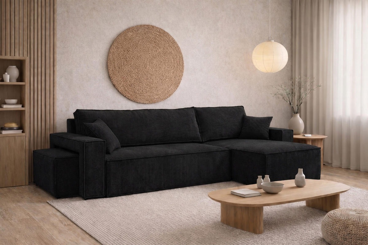 ECKSOFA Mit Schlaffunktion Und Pouf, Cordstoff Poso, Schwarz, Rechts, Best L Mit Pouf - Schwarz, Holz (244/145cm) - Kaiser Möbel