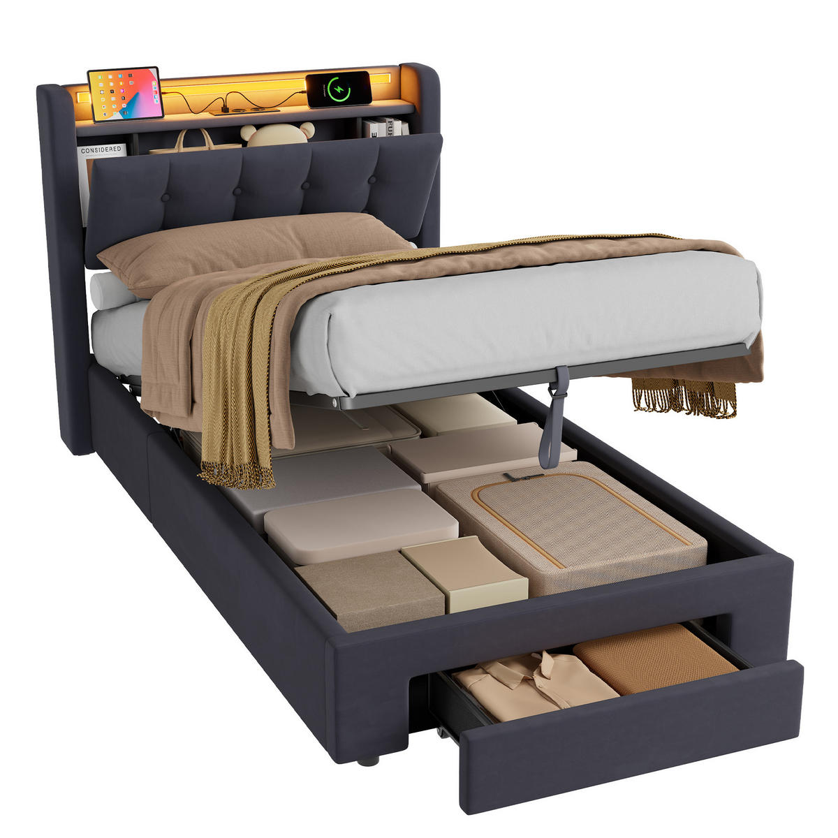 POLSTERBETT 90x200 cm in Dunkelgrau Samt mit Bettkasten, Schubladen und USB/LED-Beleuchtung, Einzelbett - Dunkelgrau, Holzwerkstoff/Textil (90/200cm) - CHICFURN