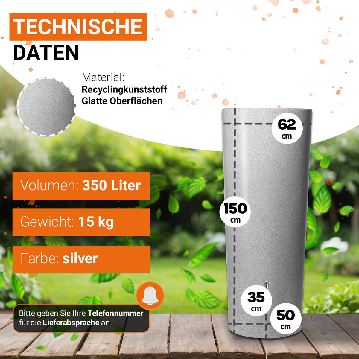2IN1 Regentonne 350 L, silver inkl. Pflanzschale - Silberfarben, Kunststoff (62/150/62cm) - GARANTIA