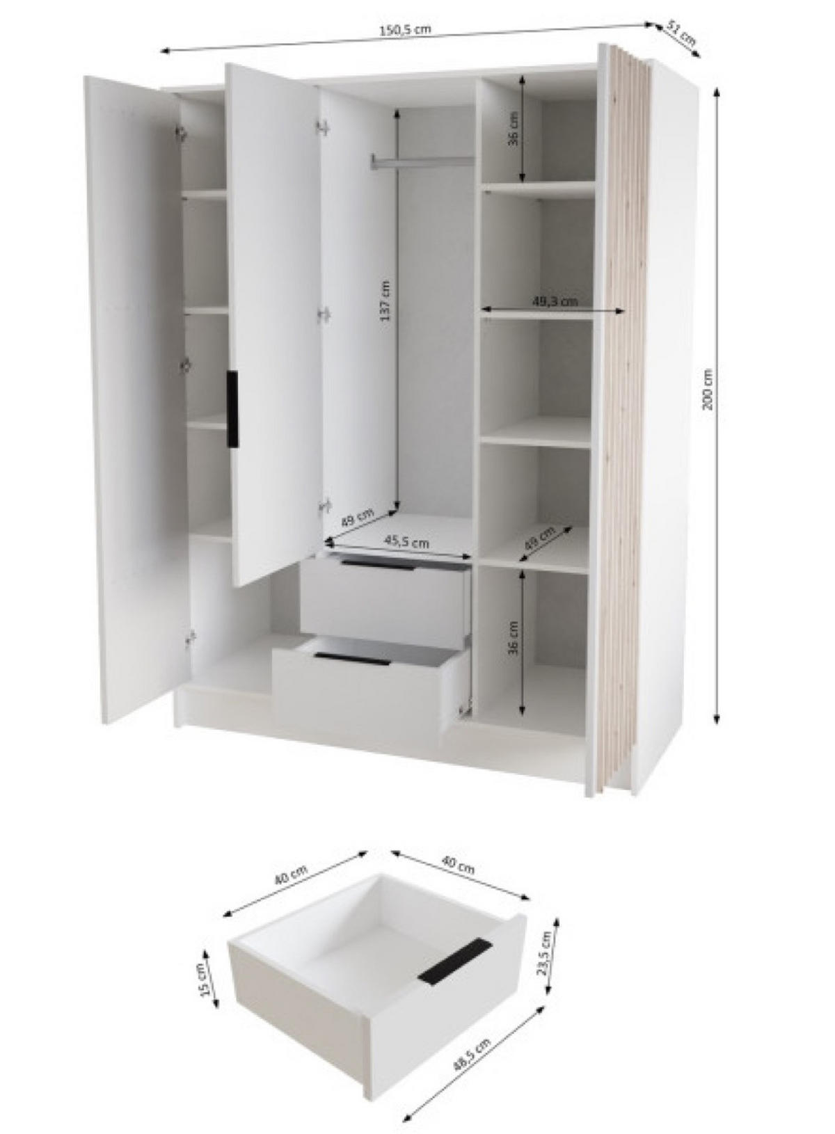 SCHRANK Schwarz ORE Mit Lamellen Und Spiegel Mit Spiegel - Goldfarben/Schwarz, Holzwerkstoff (150.5/200/51cm) - Sepro Meble