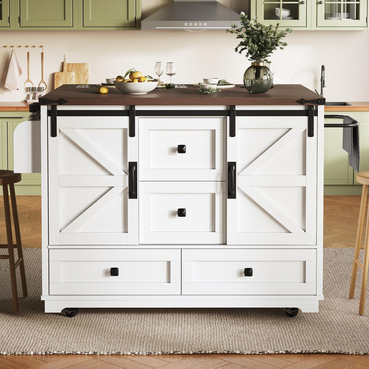 KÜCHENINSEL in Weiß Küchenwagen mit Klapptisch, 3 Schubladen und 2 Türen, als Bar und Sideboard mit Stauraum, B142.5/T73/H92.5cm - Weiß, Holzwerkstoff/Metall (142.5/92.5/45cm) - STILVORA