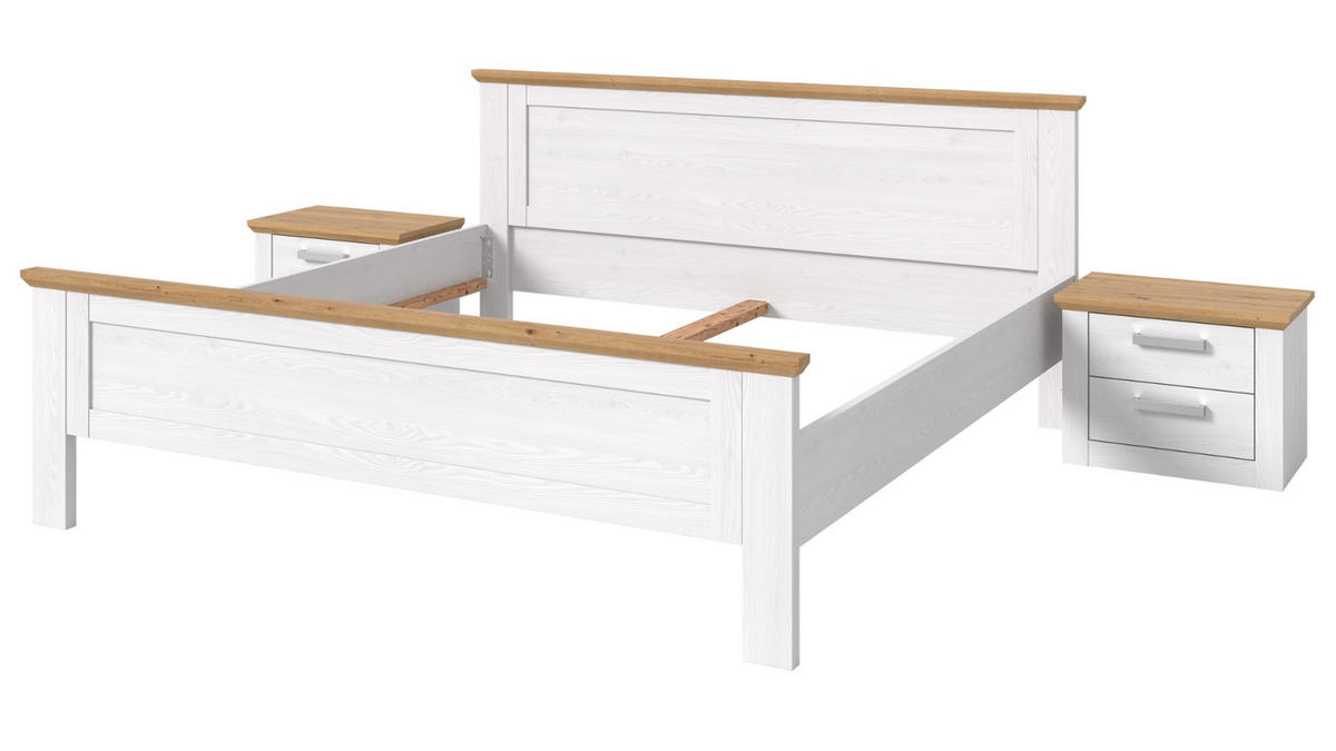 SCHLAFZIMMER weiß Lärche, Eiche Artisan Landhaus Set mit Bett 180 x 200 cm, 2x Nachttisch - Eichefarben/Silberfarben, Holzwerkstoff/Kunststoff (180/200cm) - Inn.Furn