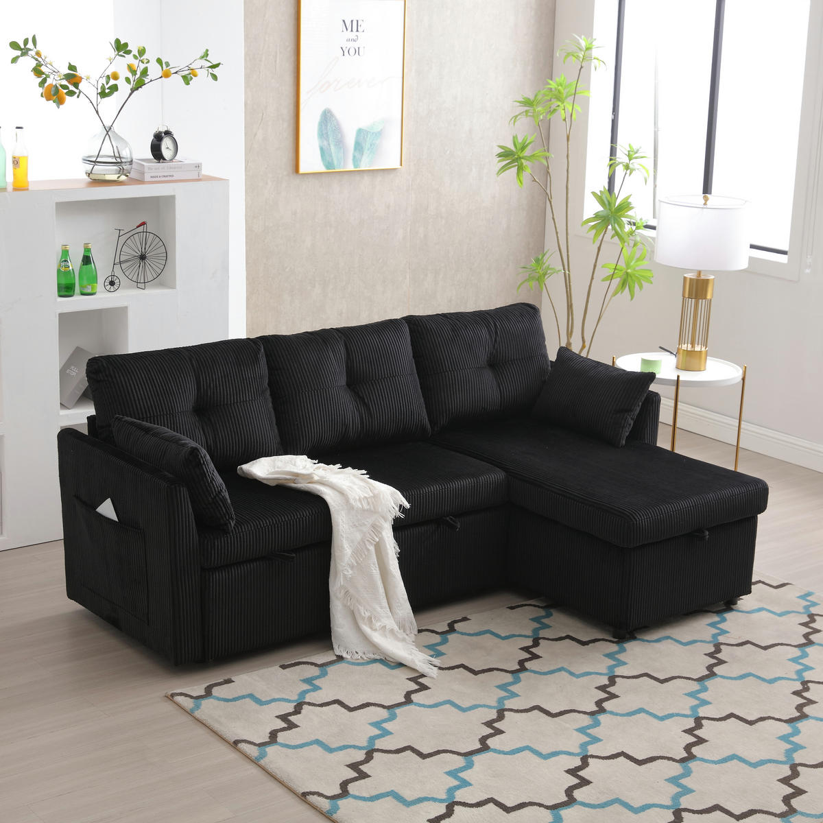 ECKSOFA L-Form mit Schlaffunktion, Bettkasten/Seitentasche, Cord, Schwarz - Schwarz, Holz (206/108cm) - LVHOM