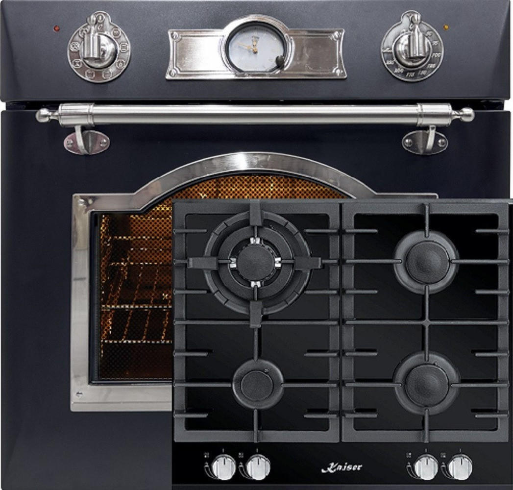 BACKOFEN-SET Elektro Einbau Backofen 60 cm EH 6355 Em Sil+KCG 6380 Gaskochfeld 60 cm - Schwarz, Metall (59.4/59.4/56.6cm) - Kaiser Küchengeräte