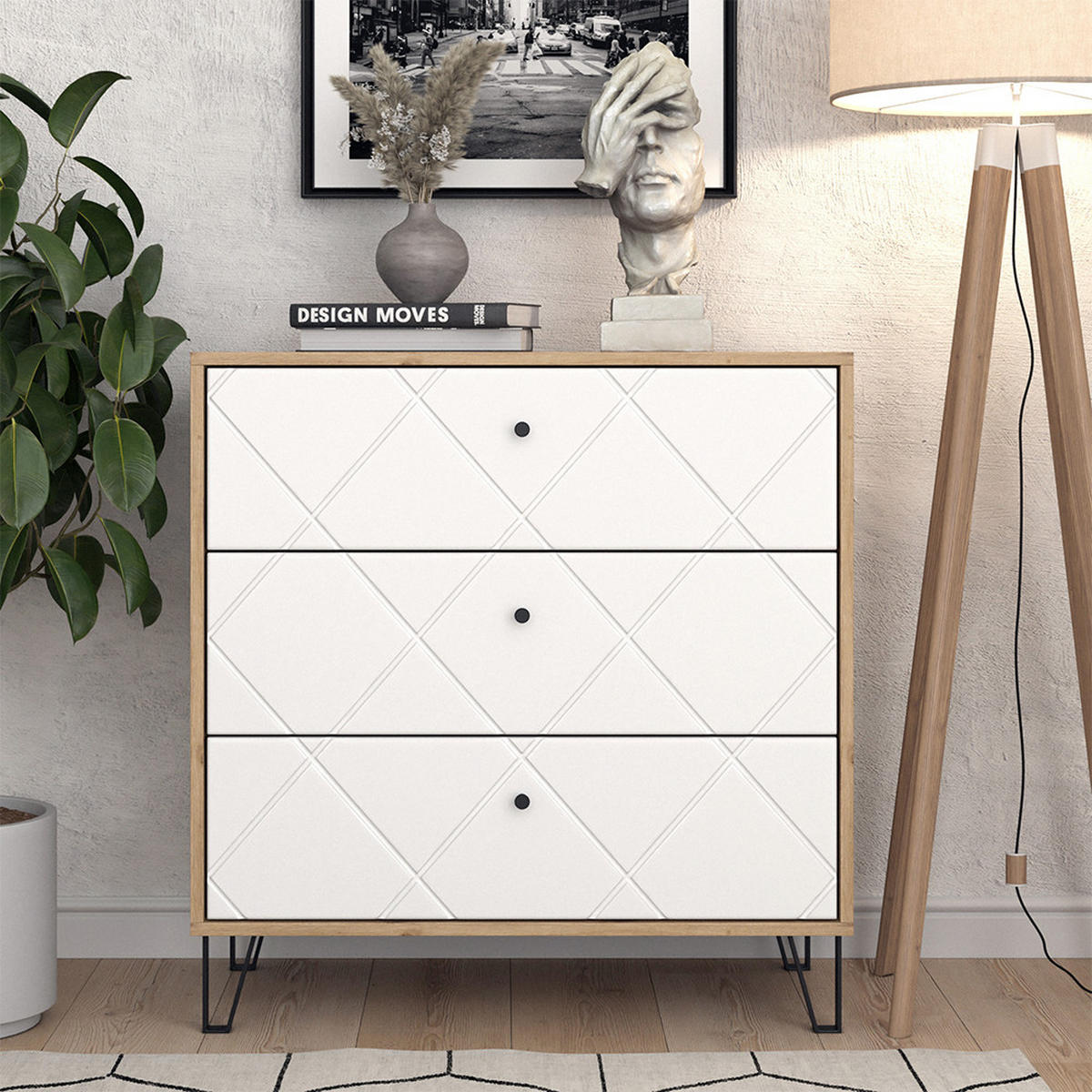 KOMMODE Nizza Artisan/Weiß 80.2 x 82.6 cm mit 3 Schubladen - Eiche Artisan/Weiß, Holzwerkstoff (80.2/82.6/40.1cm) - Vicco