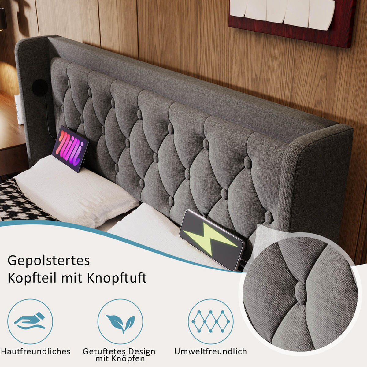 POLSTERBETT 160x200cm Doppelbett hydraulisch LED & USB-C Grau Baumwolle - Grau, Holz - FLIEKS