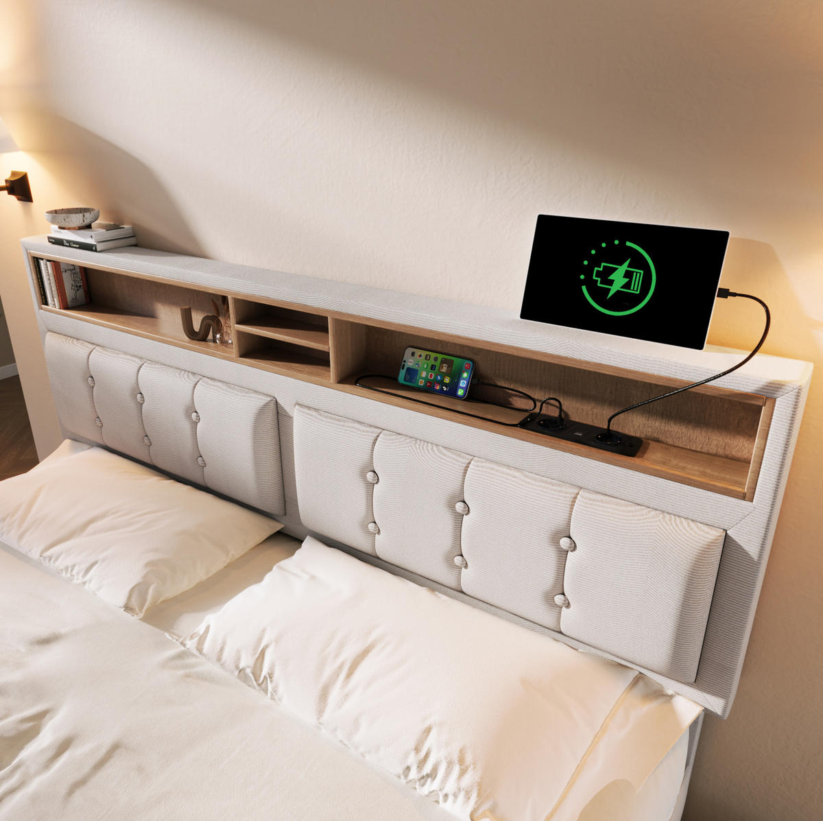 BETT mit Stauraum & USB/Type-C 140x200 cm Leinen Beige - Beige, Metall (140/200cm) - Meubliv