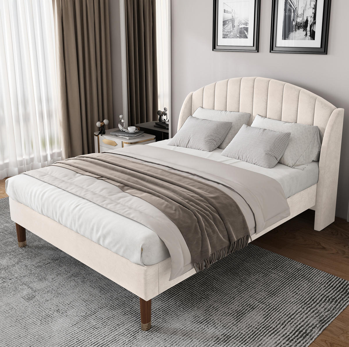 SAMT-POLSTERBETT 140/190 cm Beige mit gepolstertem Kopfteil & Lattenrost - Beige, Textil (140/190cm) - BEAOK