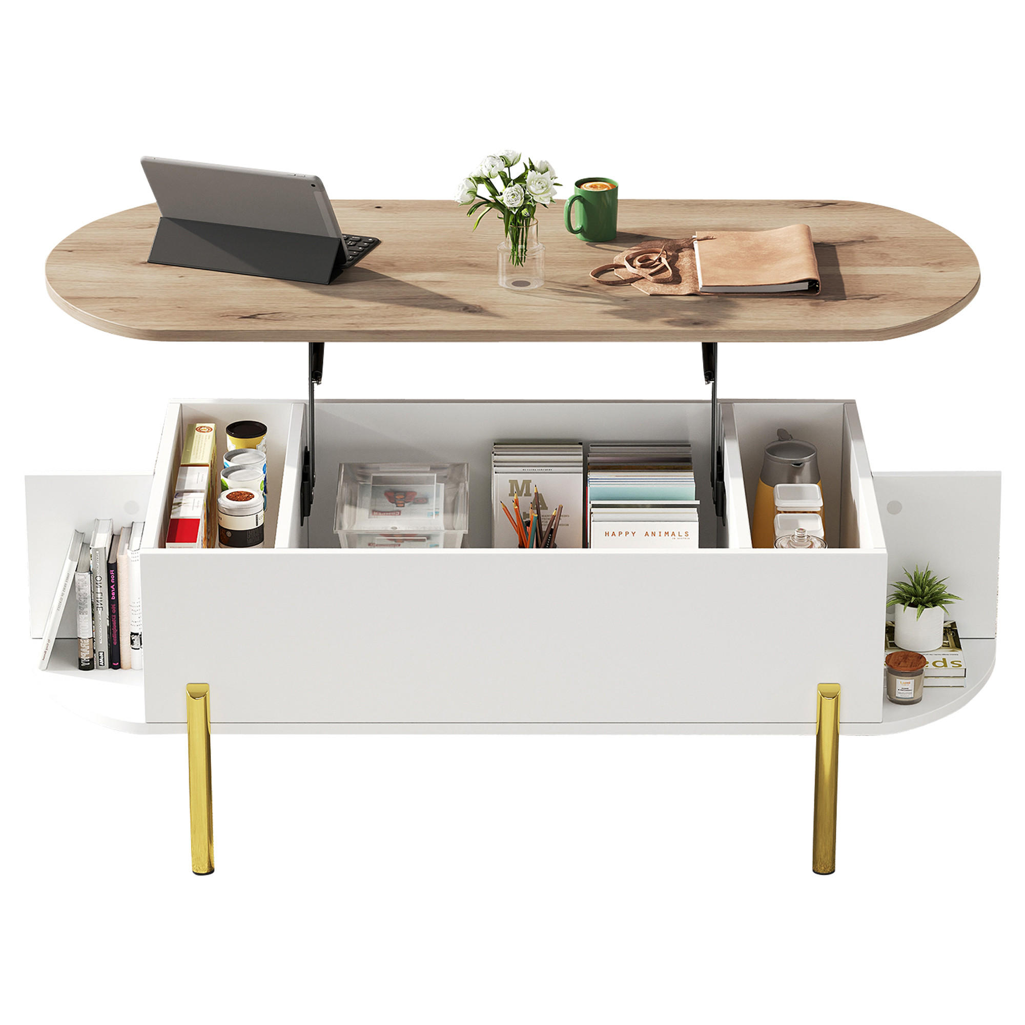 COUCHTISCH 120x50x43 cm Holz Weiß Lift Stauraum 7 Fächer - Weiß, Holzwerkstoff (120/50/43cm)