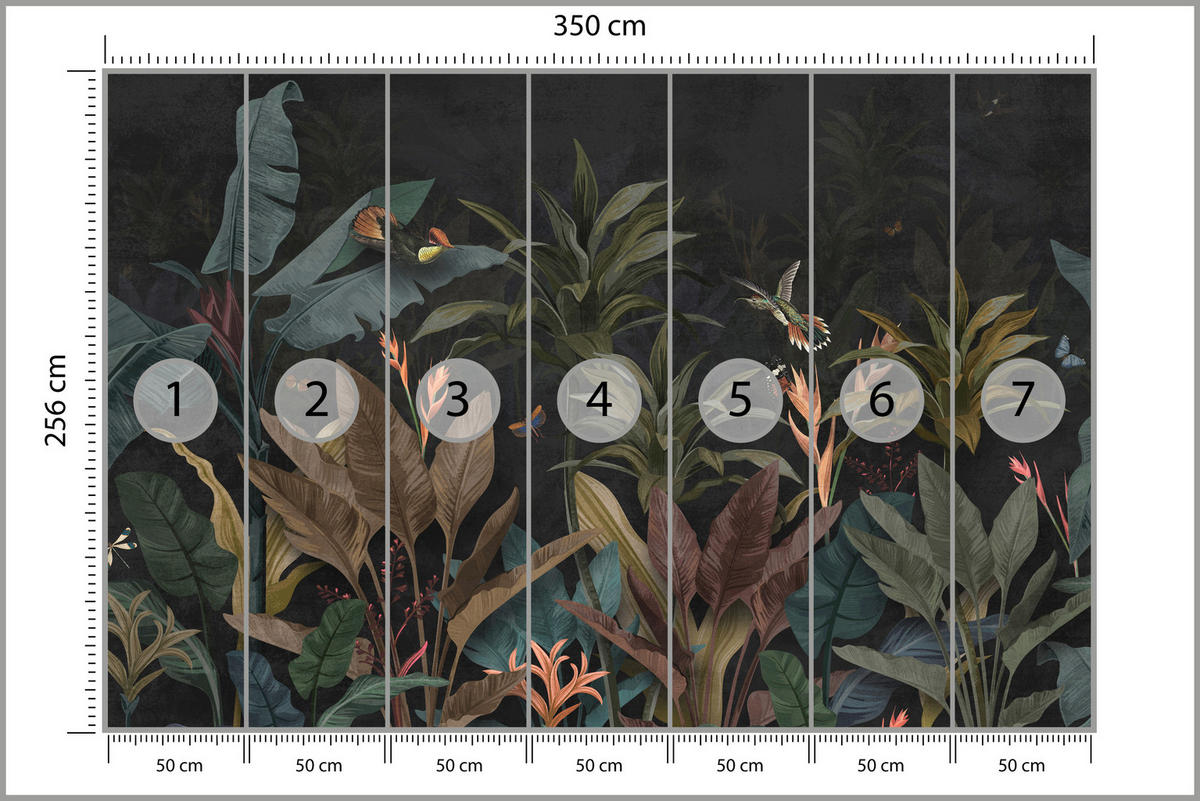 FOTOTAPETE Exotische Palmenblätter Dunkler Hintergrund Insekten Tropisch 350x256 - Orange/Braun, Papier (350/256cm) - Muralo