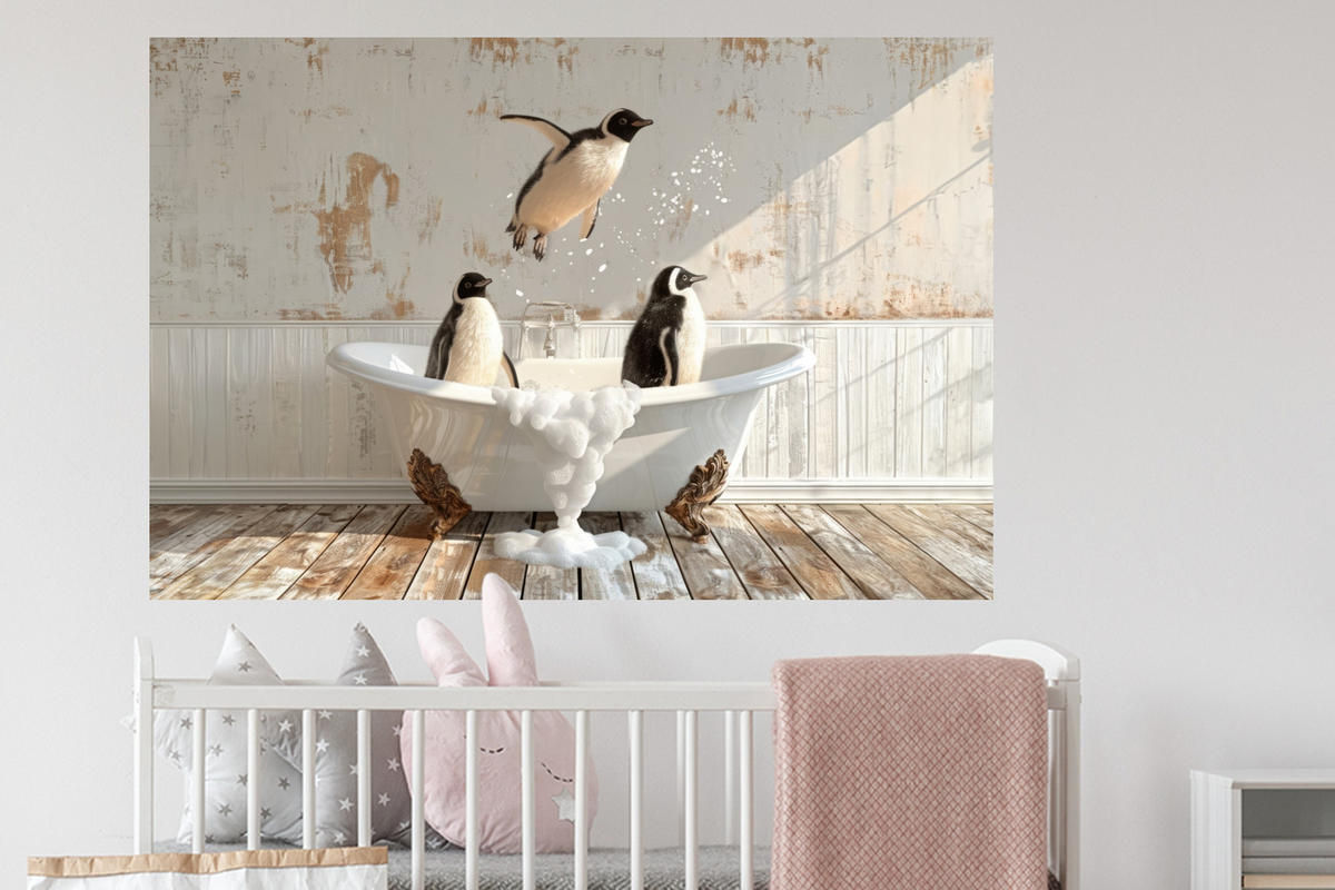 WANDTATTOO Vintage - Pinguin - Badewanne - Schaumstoff 120x80 cm - Schwarz, Kunststoff (120/80/0.1cm) - MuchoWow