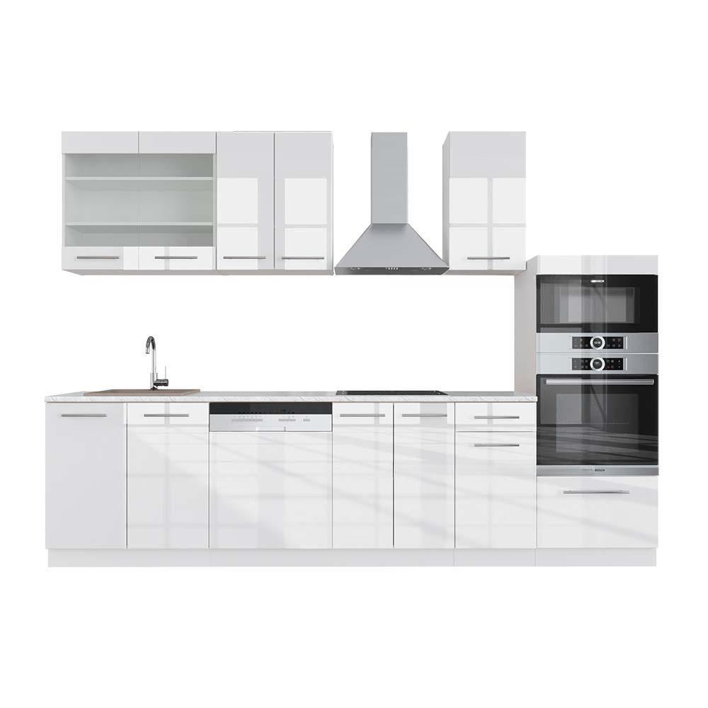 KUHINJSKI BLOK Fame-Line Bela visok sijaj/bela 300 cm z visoko omaro, DP Marmor - bela/visoki sijaj, leseni material (300/81.6/60cm) - Vicco