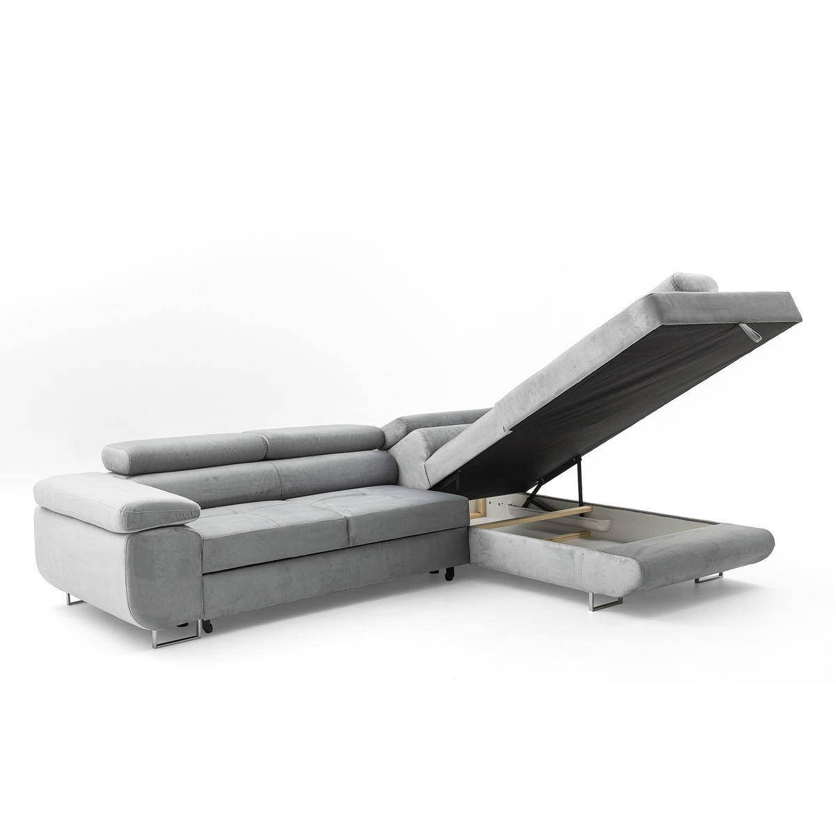 ECKSOFA WILD L Rechts mit Schlaffunktion 127x195 Velours Hellgrau - Chromfarben/Hellgrau, Holz/Textil (274/203cm) - Muffo