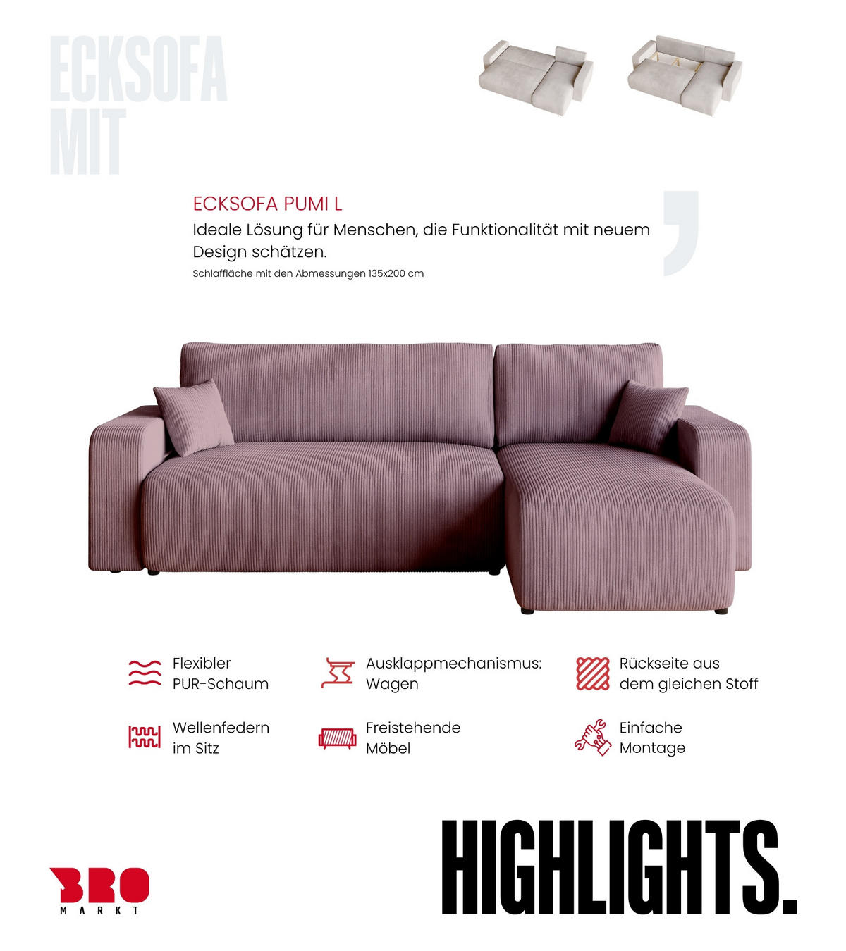 ECKSOFA PUMI mit Schlaffunktion Puderrosa Cord - Rosa, Textil (244/148cm) - Bromarkt