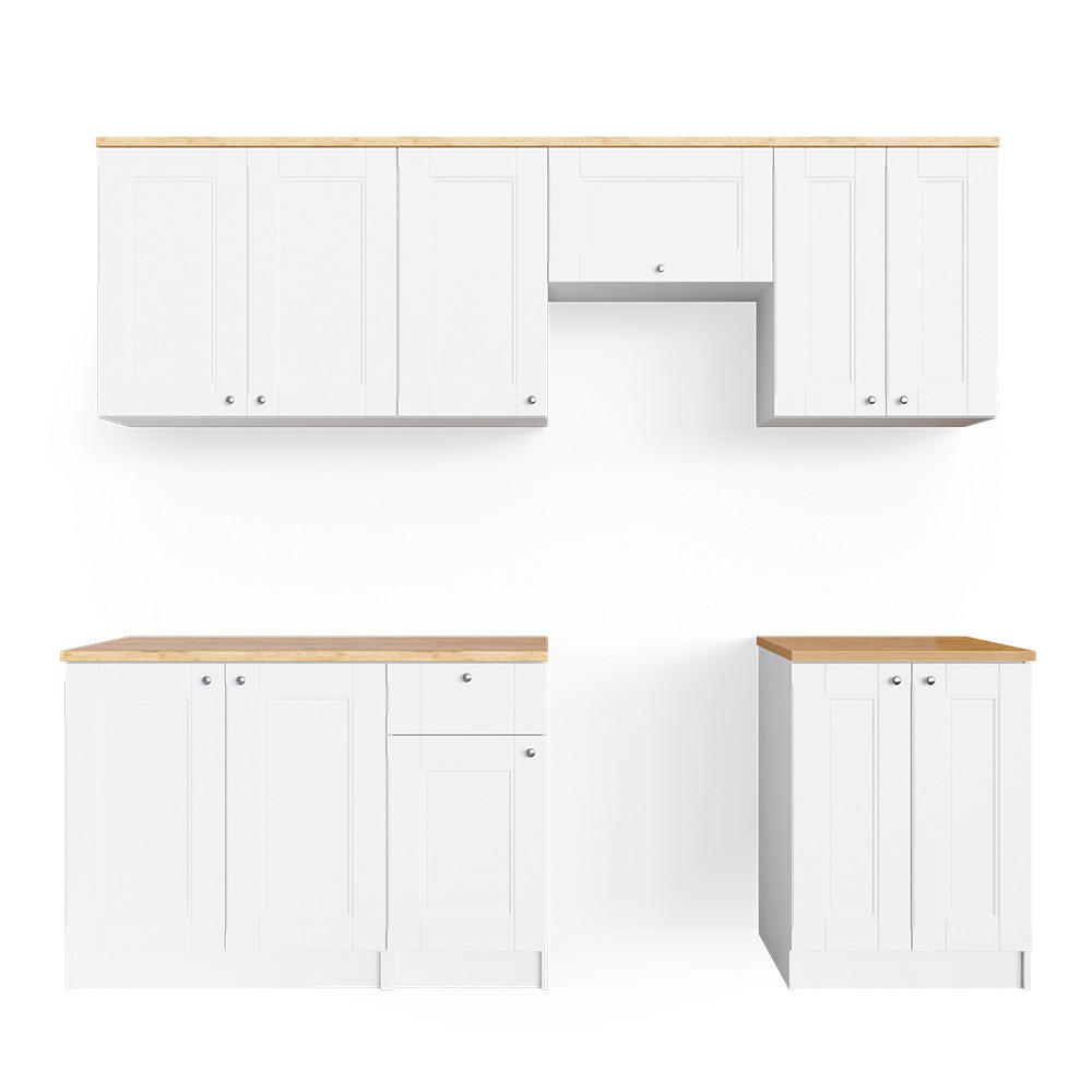 KÜCHENZEILE Bergamo Weiß 240 cm, AP Goldkraft - Honigeiche/Weiß, Holzwerkstoff (240/81.6/60cm) - Vicco