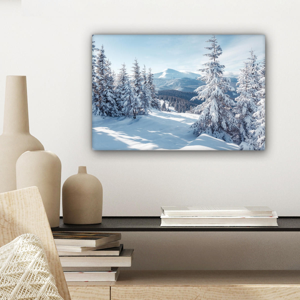 LEINWANDBILD Winterlandschaft - Natur - Berge - Bäume - Schnee Deko Schlafzimmer 30x20 cm - Hellblau, Textil (30/20cm) - MuchoWow