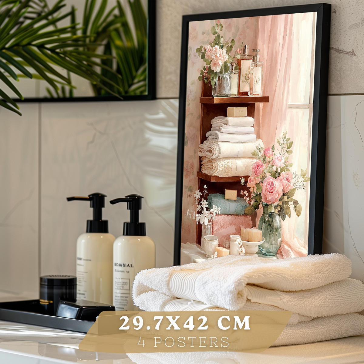 PLAKÁT Sada 4 dekorativních koupelnových tisků, romantický vintage styl, obrazy s květinami, parfémy a toaletními stolky, bytové dekorace Černý rám A3 - černá, papír (42/29.7/3cm) - Nacnic