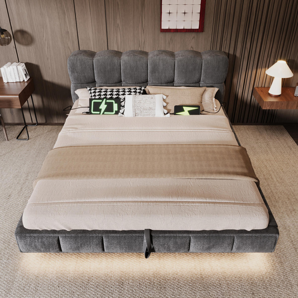 POLSTERBETT 140/190 mit Bettkasten, LED und USB-/Typ-C-Ladestation im Bubble-Design in Grau - Grau, Holzwerkstoff/Textil (140/190cm) - EVRYAE