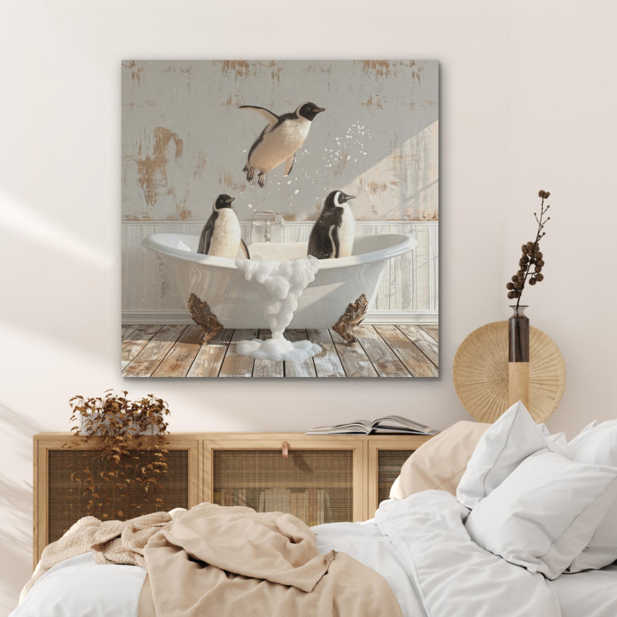 AKUSTIKPANEEL Vintage - Pinguin - Badewanne - Schaumstoff 90x90 cm - Schwarz, Textil (90/0.9/90cm) - MuchoWow