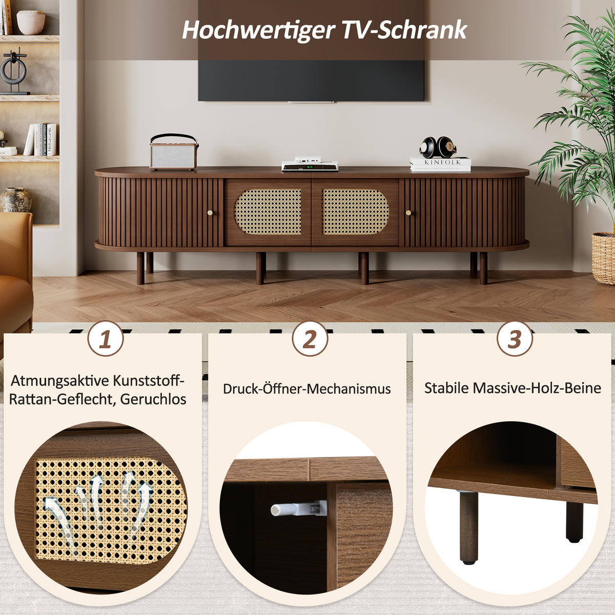 TV-SCHRANK Oval Lowboard Nussbaum Rattan 180cm Modern - Eichefarben, Holzwerkstoff (180/40/40cm) - FLIEKS